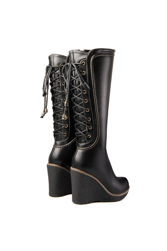 Women's Knee-High Boots Wedge Heels Lace up Adult Black Regular Shaft 6