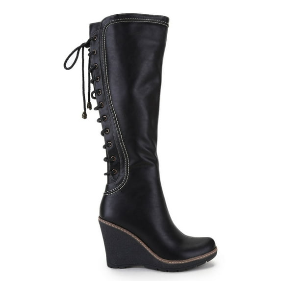 Ferwind Women's Knee-High Boots Wedge Heels Lace up Adult Black Tall Shaft 8