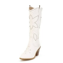 Ferwind Women's Knee-High Cowboy Western Boots Stich and Studded Patterns Female Adult Off White 12 Wide