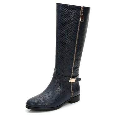 Ferwind Women's Knee-High Boots Low Heels Buckle Straps Adult Navy  7
