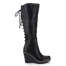 Ferwind Women's Lace up Knee-High Wedge Heel Boots Low or Tall Female Adult Black-Tall 10