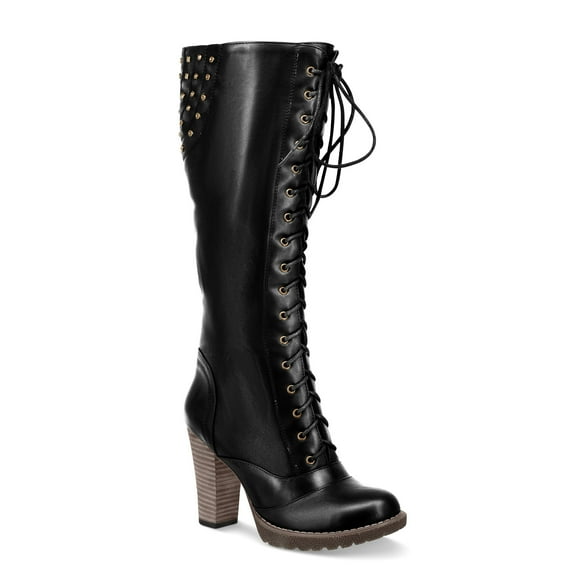 Ferwind Women's Lace-up Riding Boots High Chunky Heels Adult Black  8