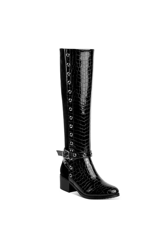 Women's Long Boots Two-Tone Contrast Perforated Stud Accents Adult Black 9