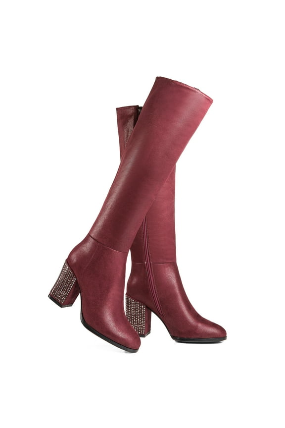 Women's Metallic Glitter Boots Slouch Shaft Studded High Heels Adult Burgundy 9