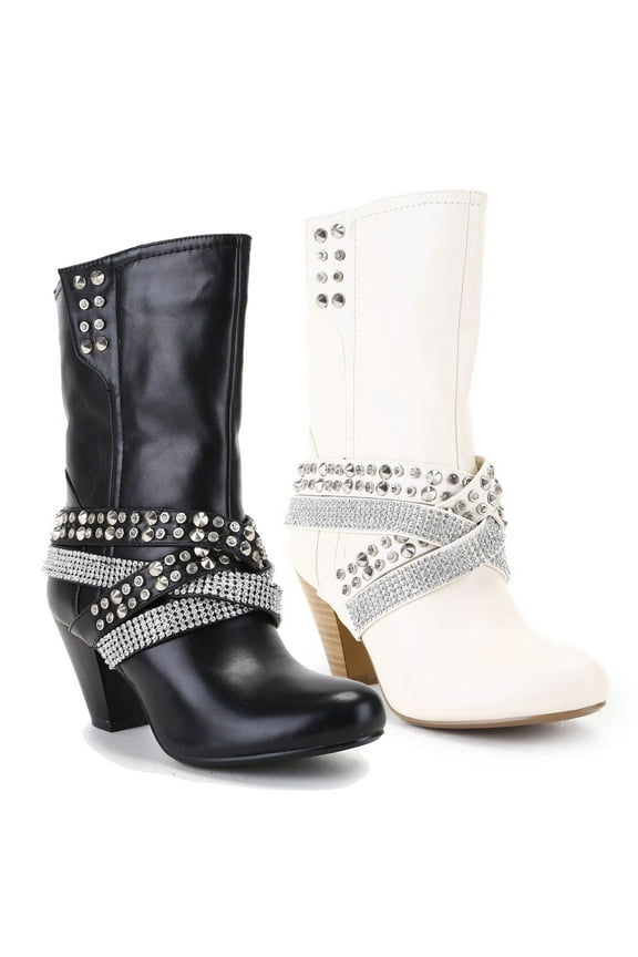 Women's Mid-Calf Boots Strappy Studs and Rhinestones Adult Black 8