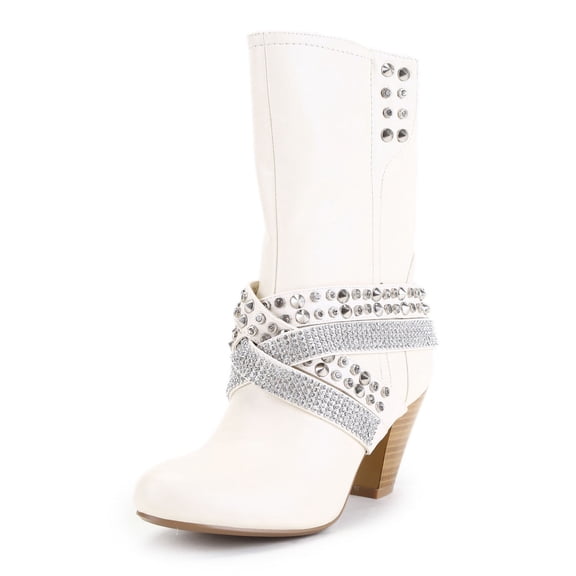 Ferwind Women's Mid-Calf Boots Strappy Studs and Rhinestones Adult Ivory  6