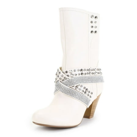 Ferwind Women's Mid-Calf Boots Strappy Studs and Rhinestones Adult Ivory  7.5