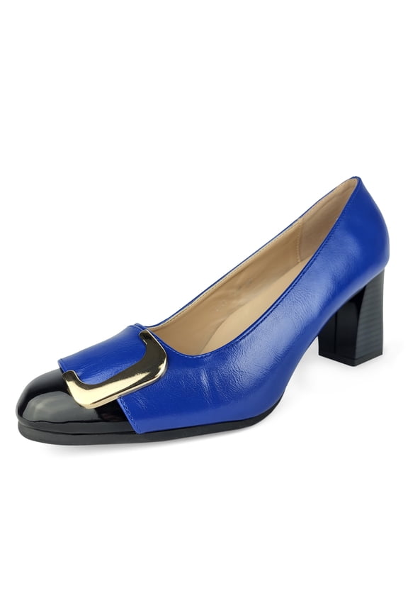Women's Slip-on Pumps Chunky Heels Goldtone Buckle Adult Navy 8