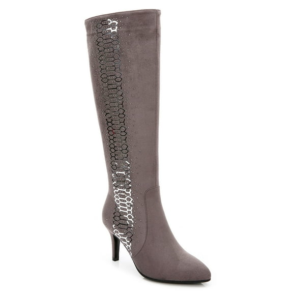 Ferwind Women's Slouch Tall Boots Kitten Heels Rhinestone Glitter Adult Grey  9