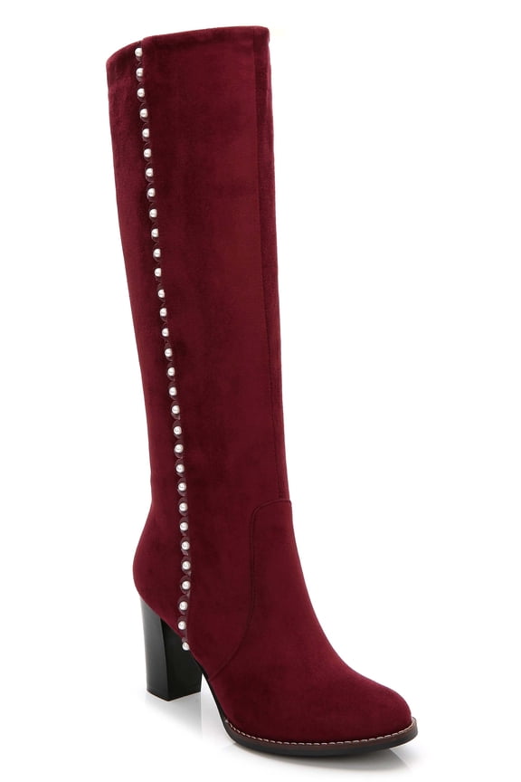 Women's Riding Boots High Heels Slouch Suede Pearl and Studded Details Adult Burgundy 11