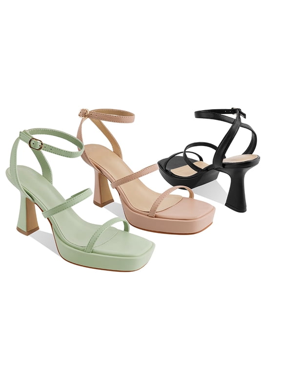 Women's Sandals Chunky High Heels Platform Buckle Straps Female Adult Green 6