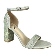 Ferwind Women's Sandals Glittering Studded Chunky High Heels Female Adult Light Green 6