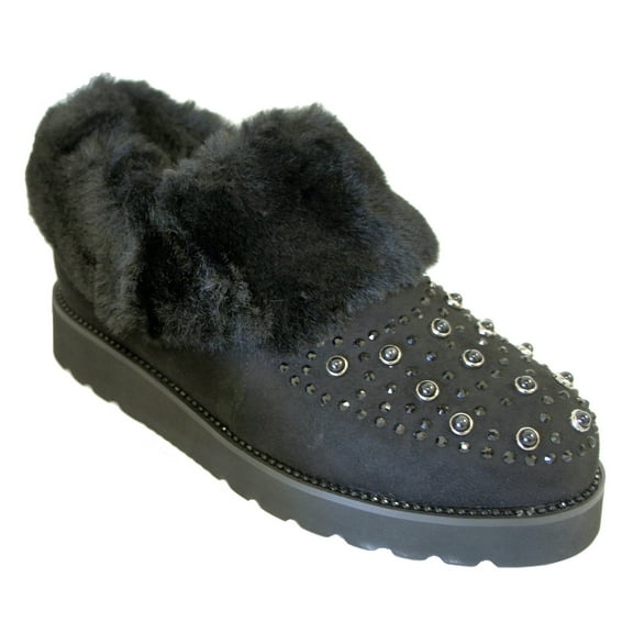 Ferwind Women's Shearing Ankle Bootie Rhinestone Suede Low Wedge Heels Adult Black 8