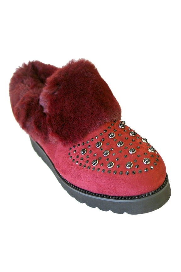 Women's Shearing Ankle Bootie Rhinestone Suede Low Wedge Heels Adult Burgundy 12