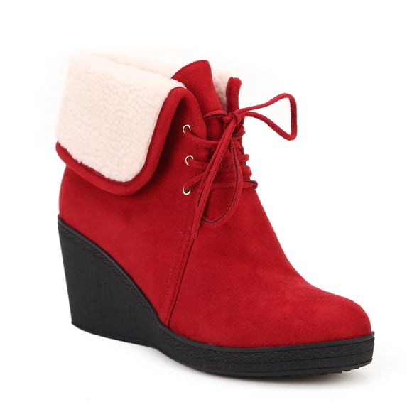 Ferwind Women's Shearling Boots Wedge Heels 2-Way Foldover Micro Suede Adult Red 7