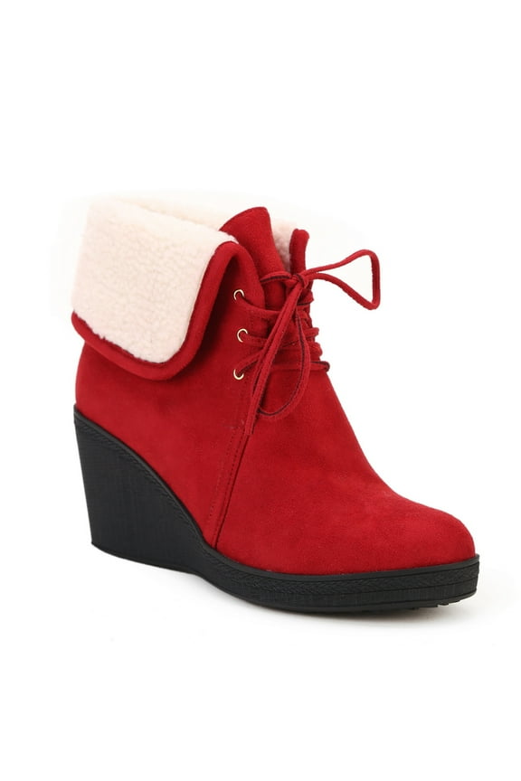 Women's Shearling Boots Wedge Heels 2-Way Foldover Micro Suede Adult Red 9.5