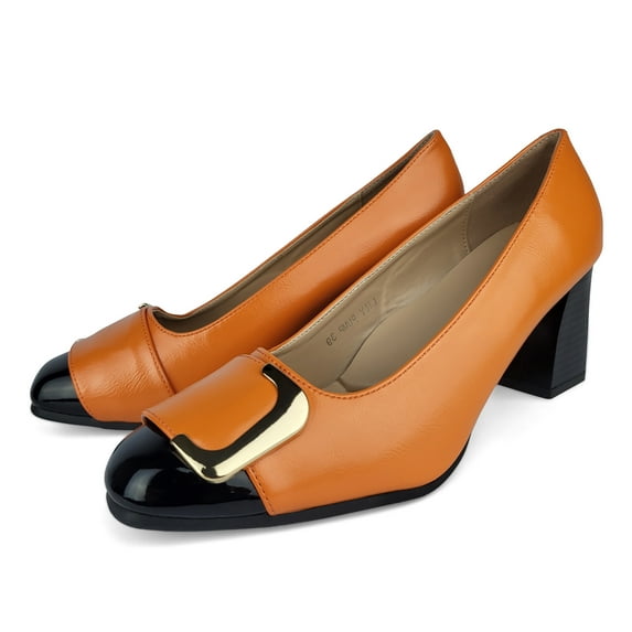 Ferwind Women's Slip-on Pumps Chunky Heels Goldtone Buckle Adult Orange 5.5