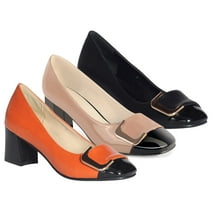 Ferwind Women's Square Toe Pumps Chunky Heel Two Tone Colors Slip On Female Adult Orange  8.5