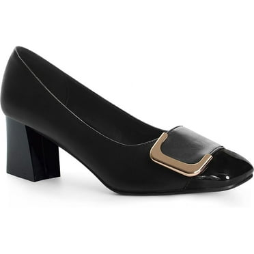 Ferwind Women's Square Toe Pumps Chunky Heel Two Tone Colors Slip on Adult Black  8