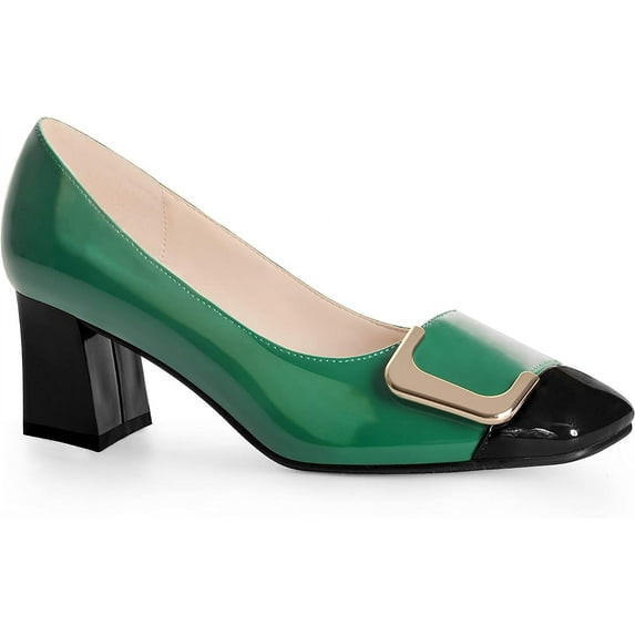 Ferwind Women's Square Toe Pumps Chunky Heel Two Tone Colors Slip on Adult Green 8