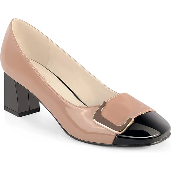 Ferwind Women's Square Toe Pumps Chunky Heel Two Tone Colors Slip on Adult Nude 8