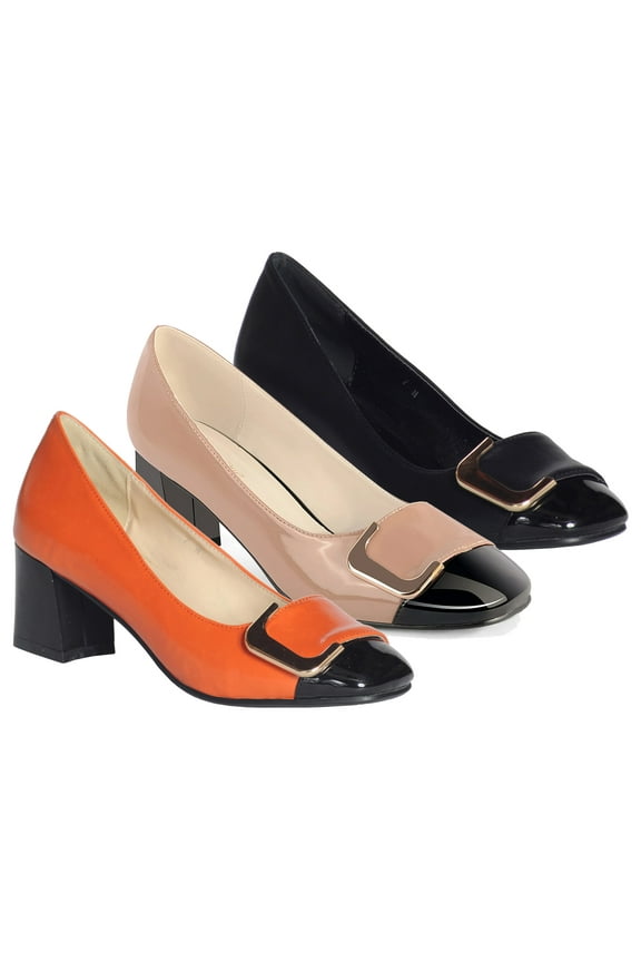 Women's Square Toe Pumps Chunky Heel Two Tone Colors Slip on Adult Orange 8