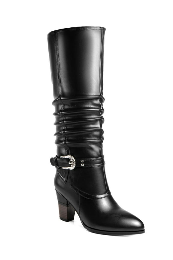 Women's Tall Boots Block Heel Ruched Shaft Buckle Strap Adult Black 12