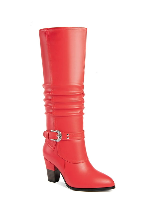 Women's Tall Boots Block Heel Ruched Shaft Buckle Strap Adult Red 10