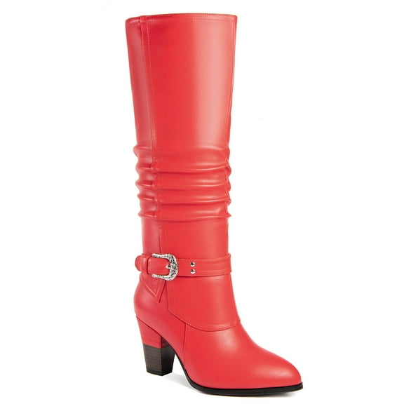 Ferwind Women's Tall Boots Block Heel Ruched Shaft Buckle Strap Adult Red  8