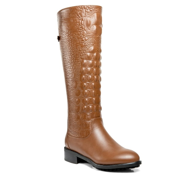 Ferwind Women's Tall Boots Chunky Heels Animal Print Adult Tan 12