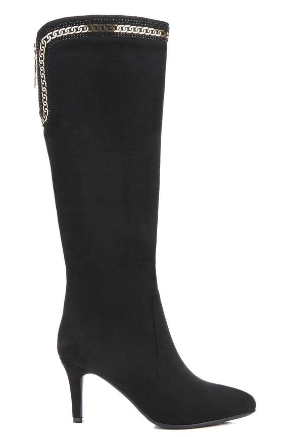 Women's Tall Boots Kitten Heels Slouch Suede Metallic Glittering Trim Adult Black 10