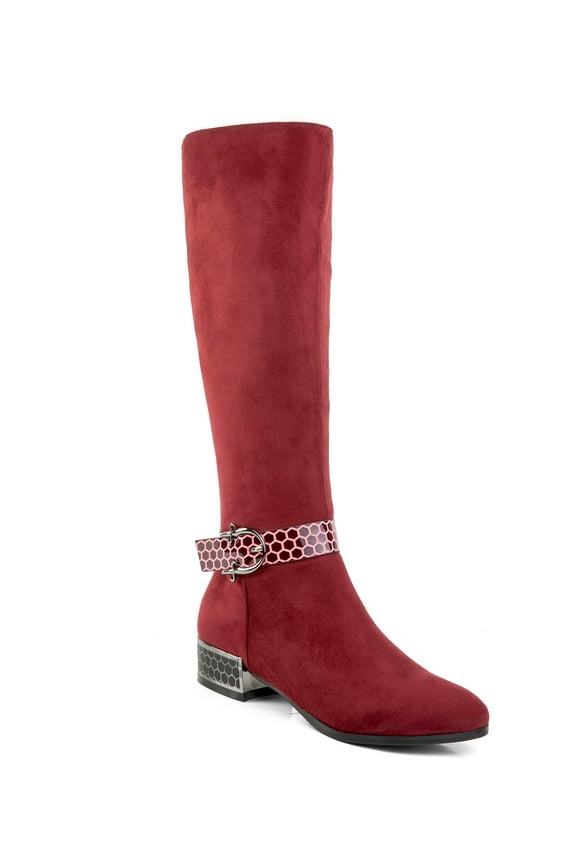 Women's Tall Boots Low Heels Beehive Texture Faux Suede Adult Burgundy 11