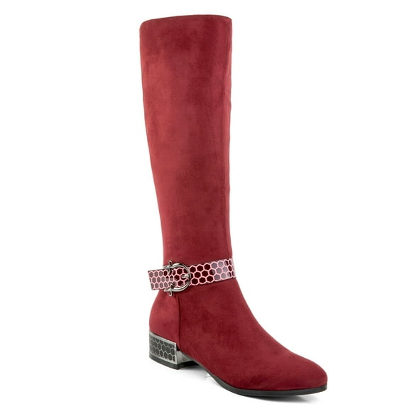 Ferwind Women's Tall Boots Low Heels Beehive Texture Faux Suede Adult Burgundy 12