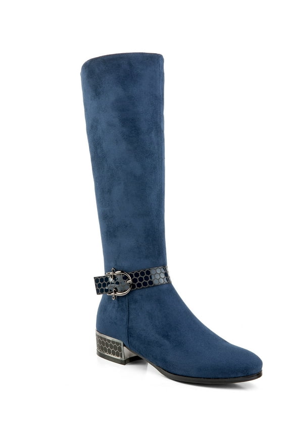 Women's Tall Boots Low Heels Beehive Texture Faux Suede Adult Navy  6