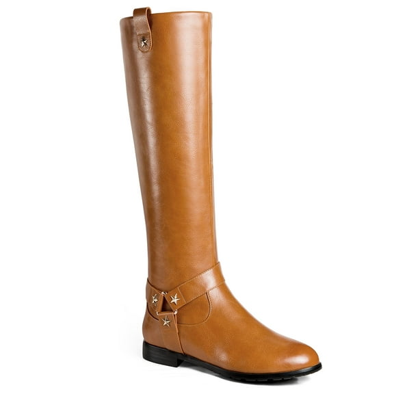 Ferwind Women's Tall Boots Metallic Star Studded Straps Female Adult Tan 10