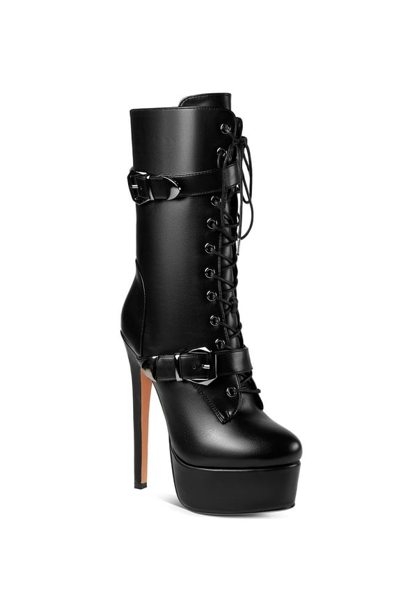 Women's Ultra High Stiletto Heels Platform Mid-Calf Lace Up Boots Female Adult Black 9.5