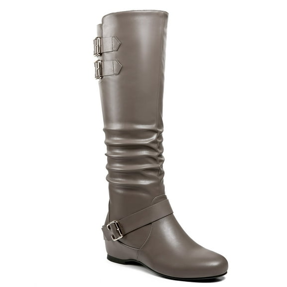 Ferwind Women's Wedge Boots Ruched Shaft Buckle Straps Adult Grey  8