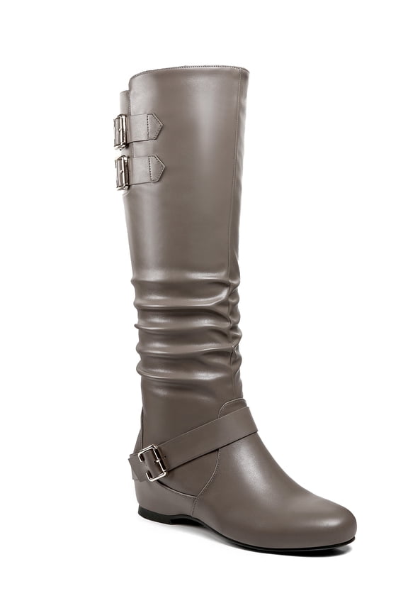 Women's Wedge Boots Ruched Shaft Buckle Straps Adult Grey 9