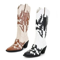 Ferwind Women's Western Cowboy Knee-High Stich Patterns Pull-on Boots Black/White  6