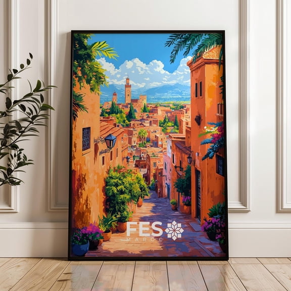 Fes Morocco Travel Print, Vibrant Medina Wall Art, Stretched Canvas 16x20in