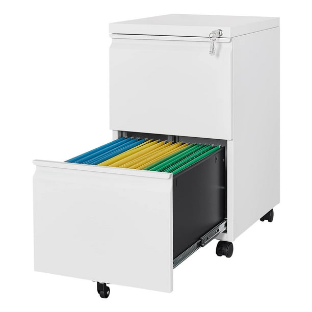 2 Drawer Mobile File Cabinet with Lock Under Desk Metal Filing Cabinets for Home Office Organizer Letters Legal A4 White