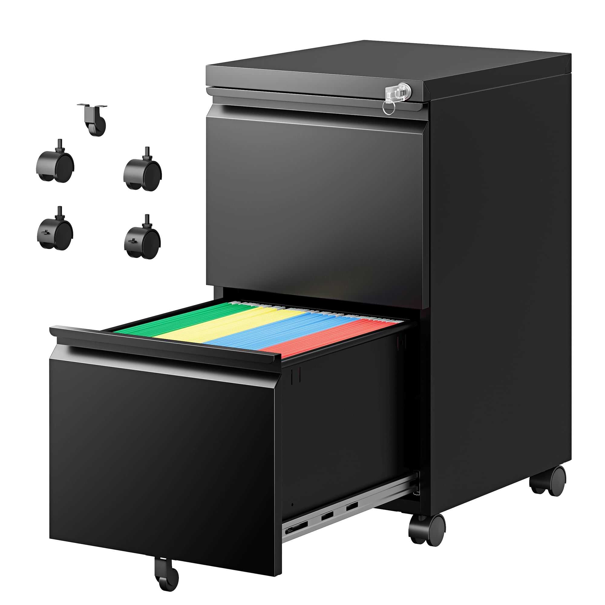 Fesbos 2 Drawer Mobile File Cabinet with Lock, Metal Rolling Filing Cabinets for Home Office, Fully Assembled, Black, Fits Letter/Legal/A4 Size Files