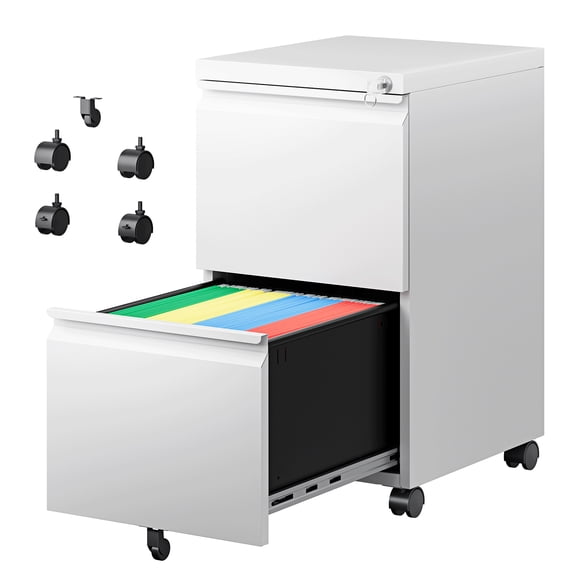 Fesbos 2 Drawer Mobile File Cabinet with Lock, Metal Rolling Filing Cabinets for Home Office, Fully Assembled, White, Fits Letter/Legal/A4 Size Files