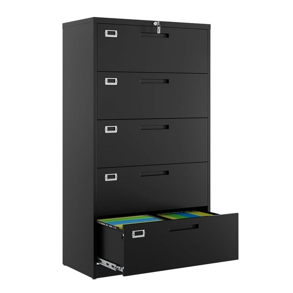 Fesbos 5 Drawer File Cabinet with Lock,Metal Lateral Filing Cabinets for Home Office Hanging Files Letter/Legal/F4/A4 Size, Assembly Required - Black