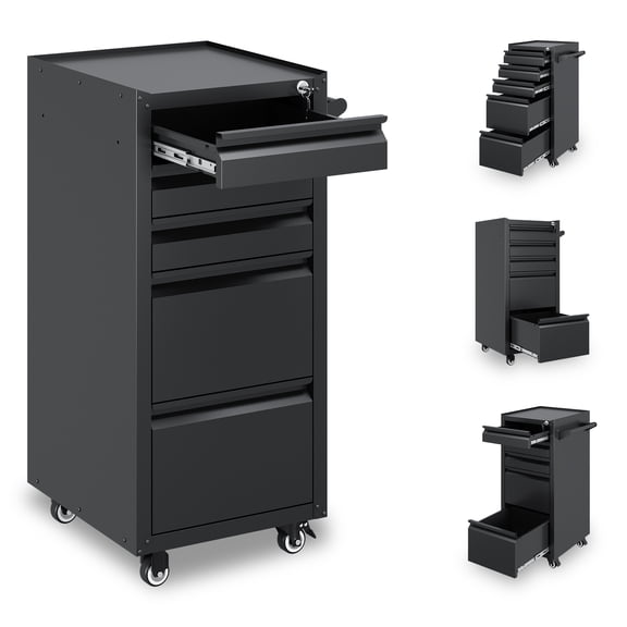 Fesbos 5-Drawer Rolling Tool Chest, Lockable Metal Cabinet with Wheels & Ball-Bearing Slides, Industrial Mobile Tool Storage Cart for Garage, Workshop, Mechanic