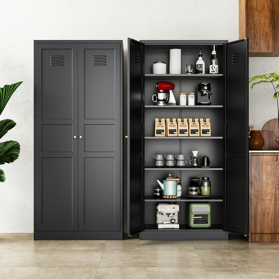 Fesbos 6-Tier Tall Cupboard Cabinet, 71" Black Kitchen Pantry Storage Cabinet, Metal Storage Cabinet with 5 Adjustable Shelves for Home Office, Living Room, Warehouse