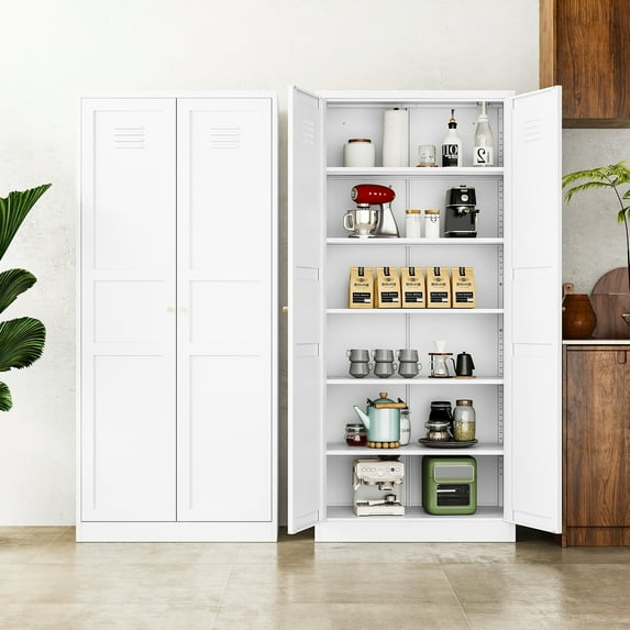 Fesbos 6-Tier Tall Cupboard Cabinet, 71" White Kitchen Pantry Storage Cabinet, Metal Storage Cabinet with 5 Adjustable Shelves for Home Office, Living Room, Warehouse