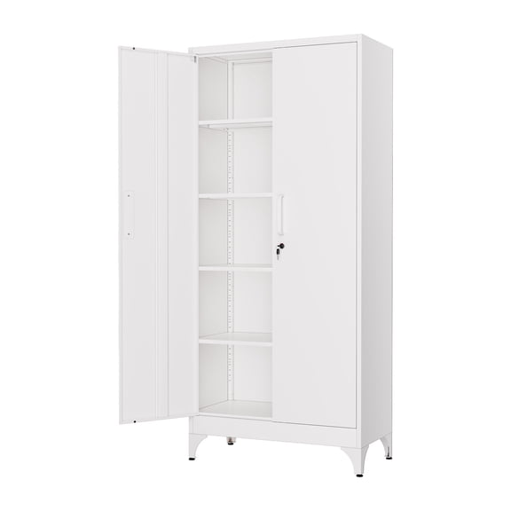 Fesbos 71" Tall Metal Storage Cabinet with Moisture-Resistant Feet,Thickened Steel White Utility Cabinet with Lockable Doors, 4 Adjustable Shelves (120 lbs/shelf) for Garage, Office, Basement