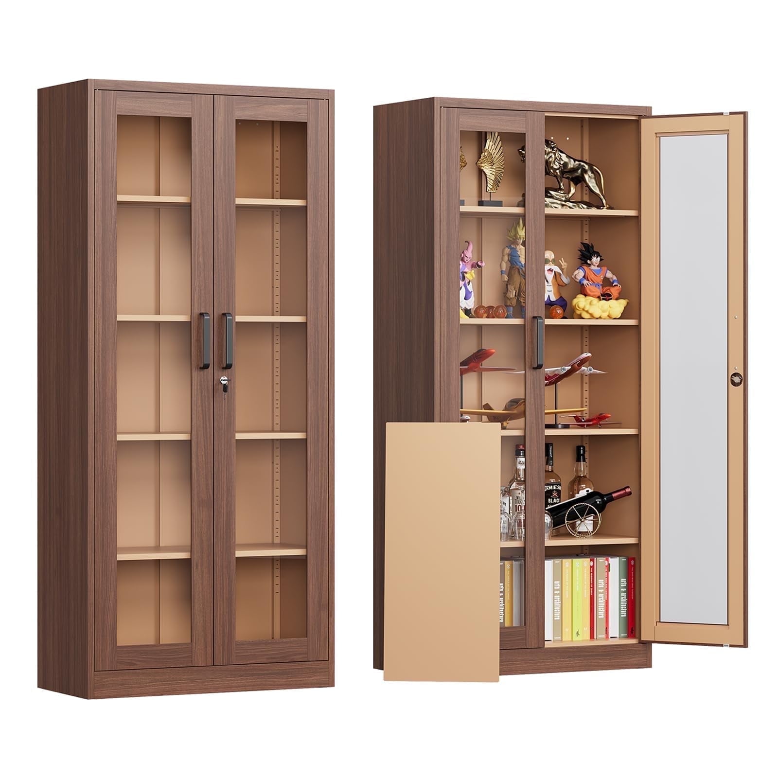 Fesbos Glass Display Cabinet, Metal Storage Cabinet Bookcase with 4 Adjustable Shelves and Acrylic Doors,5-Tier Curio Cabinet for Home, Office and Exhibition Hall