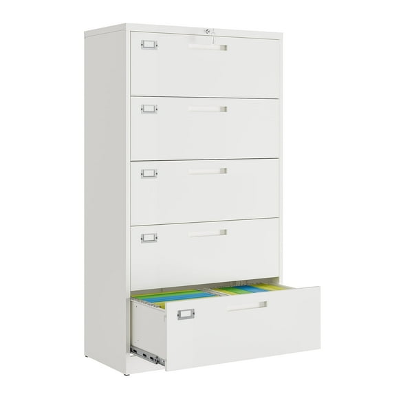 Fesbos Lateral 5 Drawer File Cabinet with Lock,Metal Wide White Filing Cabinets for Home Office Storage A4/F4/Letter/Legal, Assembly Required- White